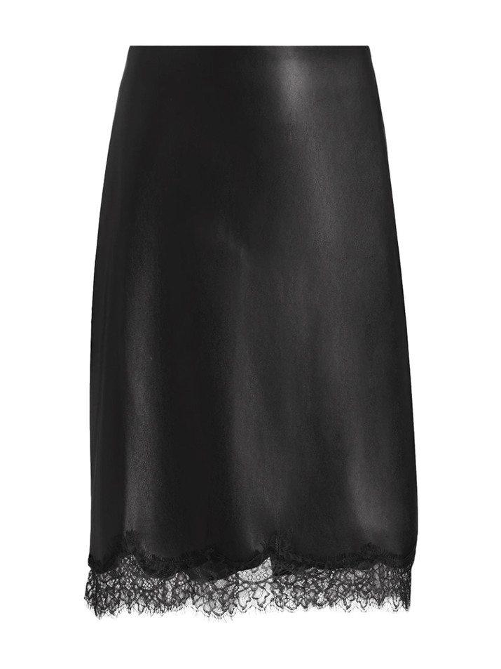 LAMARQUE Sonja Lace Trim Faux Leather Skirt in Black Product Shot 