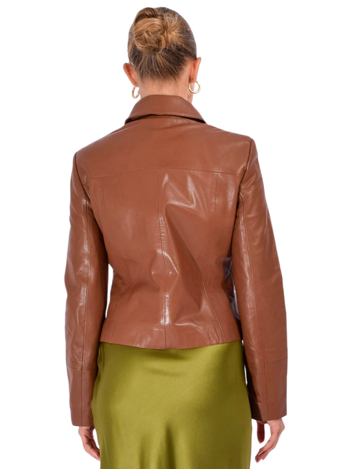 LAMARQUE Oceana Fitted Leather Jacket in Brown Back View 