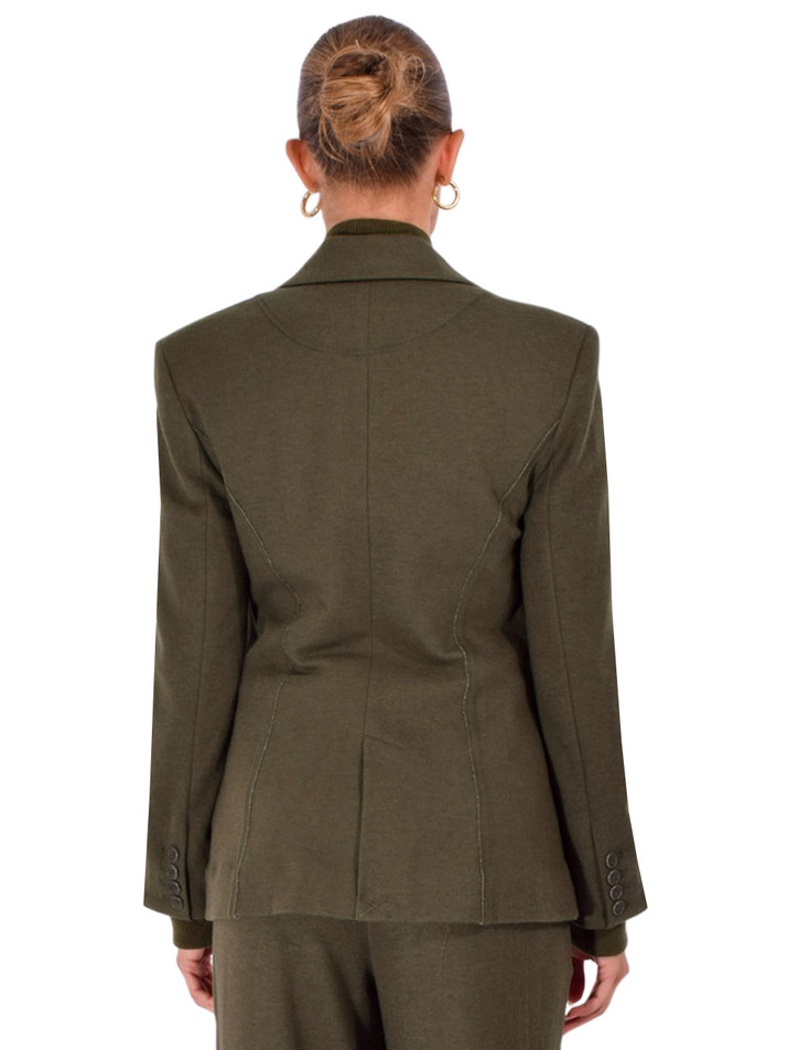 SIMKHAI Auden Knit Blazer in Dark Olive Back View. 