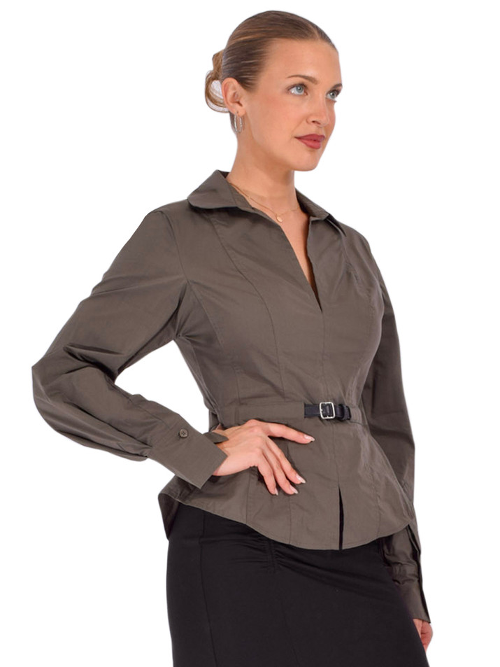SIMKHAI Loriel Belted Shirt in Dark Olive Side View 