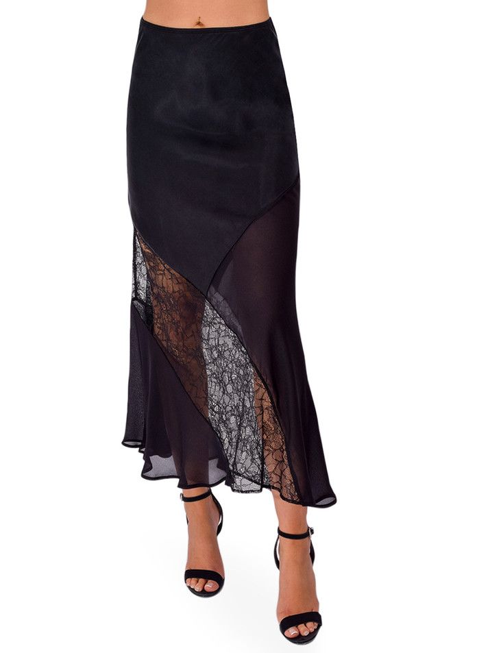 STAVII Lace Bias Skirt in Black Front View 
