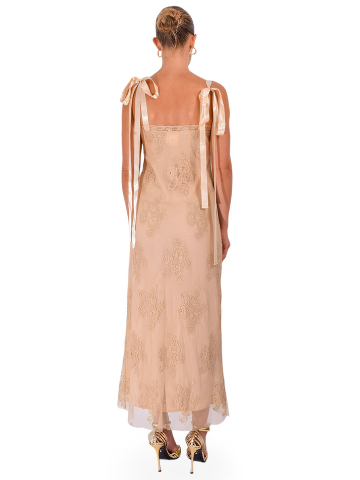OTTOD'AME Sheer Lace Dress with Tie Straps in Toast Back View 