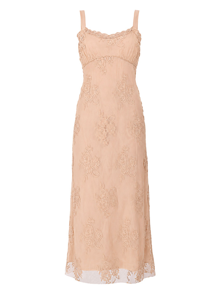 OTTOD'AME Sheer Lace Dress with Tie Straps in Toast Product Shot 