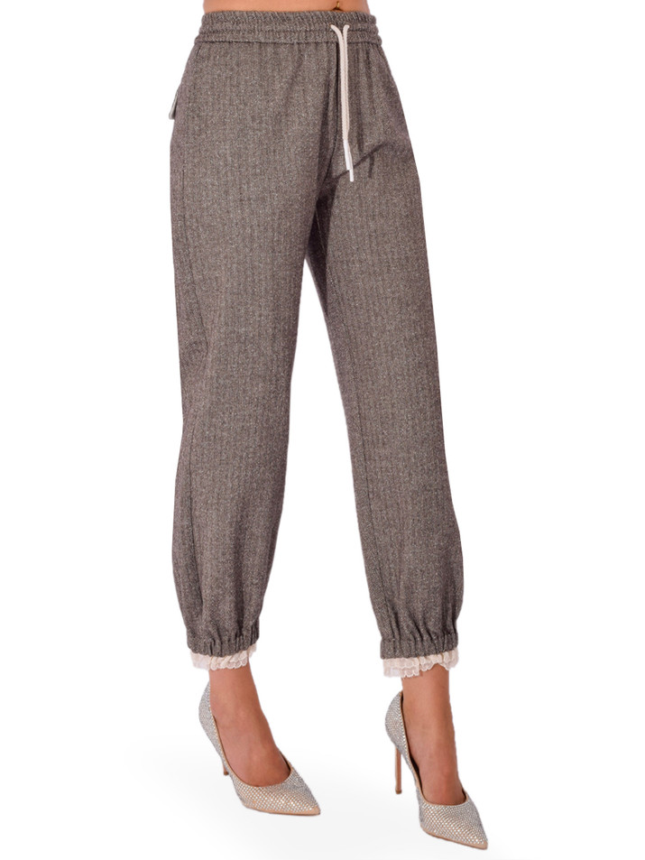 OTTOD'AME Jogger Pants with Lace Trim in Plaid Side View 