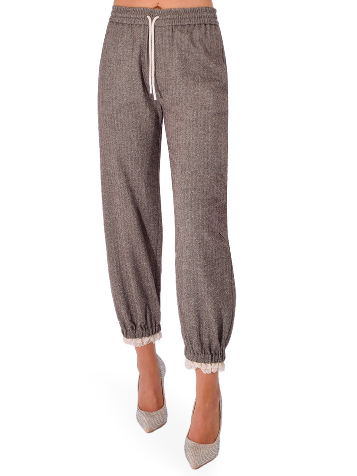 OTTOD'AME Jogger Pants with Lace Trim in Plaid Front View 