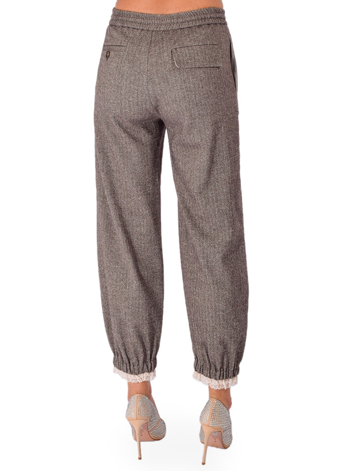OTTOD'AME Jogger Pants with Lace Trim in Plaid Back View 