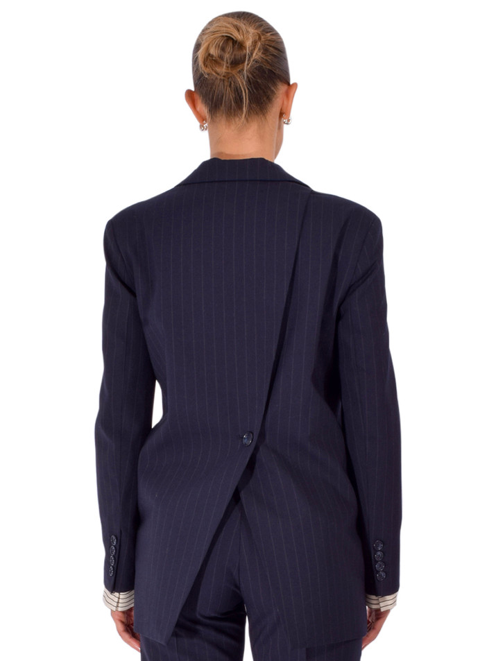 OTTOD'AME Double Cuff Blazer in Navy Pinstripe Back View 