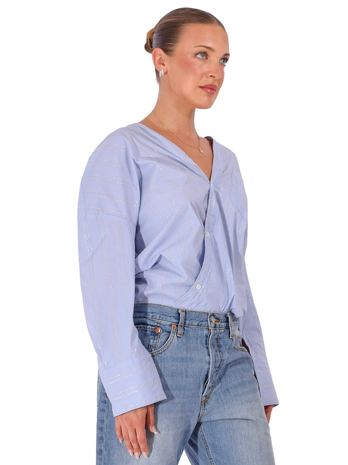 CISSA Lurex Sliver Stripe Top in Blue Side View 