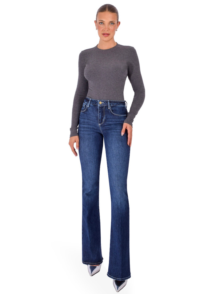 FRAME The Long Sleeve Rib Crew Tee in Heather Gray Full Outfit 