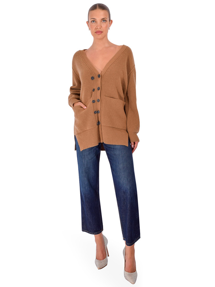 PIER ANTONIO GASPARI Cardigan with Leather Patch Detail in Tobacco Full Outfit 