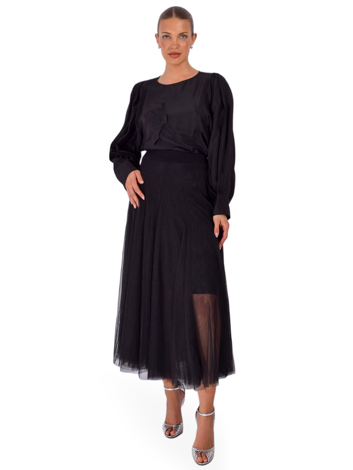 JESIE LIU Flower Appliqué Blouse with Pintuck Sleeves in Black Full Outfit 