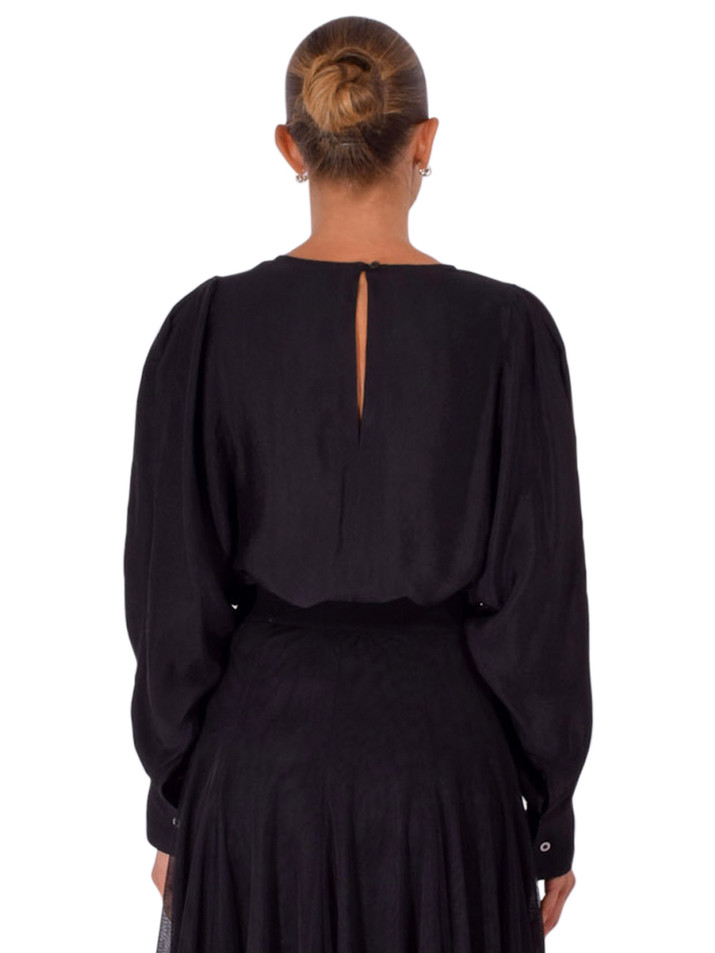 JESIE LIU Flower Appliqué Blouse with Pintuck Sleeves in Black Back View 