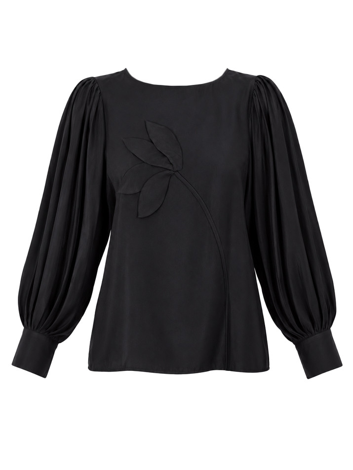 JESIE LIU Flower Appliqué Blouse with Pintuck Sleeves in Black Product Shot 