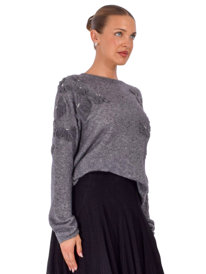 JESSIE LIU Cashmere Blend Raglan Sleeve Pullover with Appliqué in Gray Side View 
