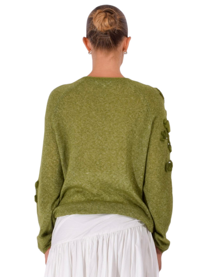 JESSIE LIU Cashmere Blend Raglan Sleeve Pullover with Appliqué in Moss Green Back View 