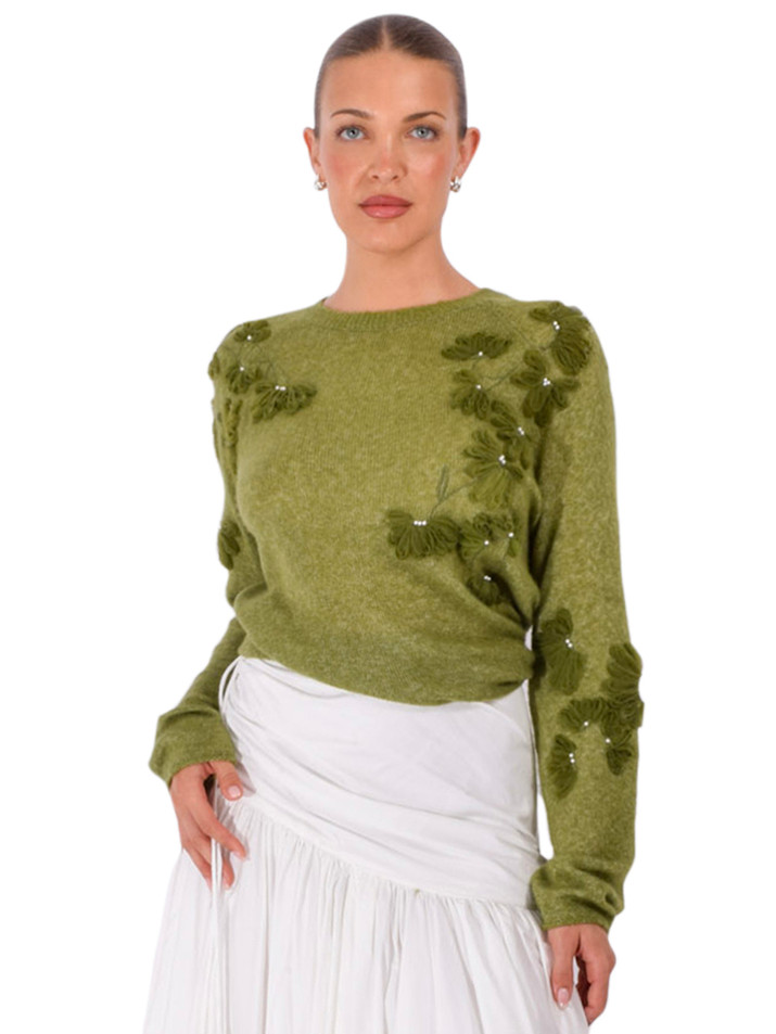 JESSIE LIU Cashmere Blend Raglan Sleeve Pullover with Appliqué in Moss Green Front View 