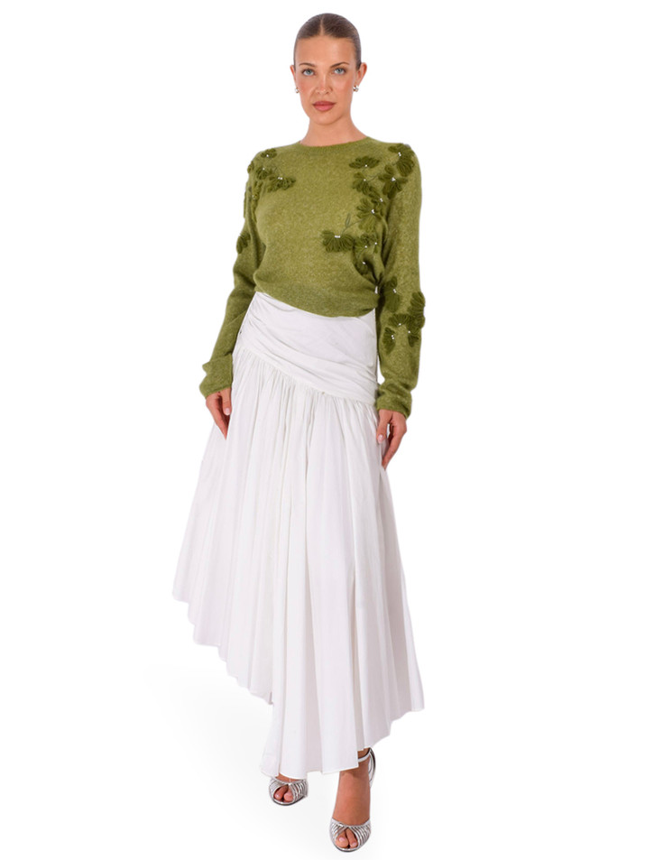 JESSIE LIU Cashmere Blend Raglan Sleeve Pullover with Appliqué in Moss Green Full Outfit 