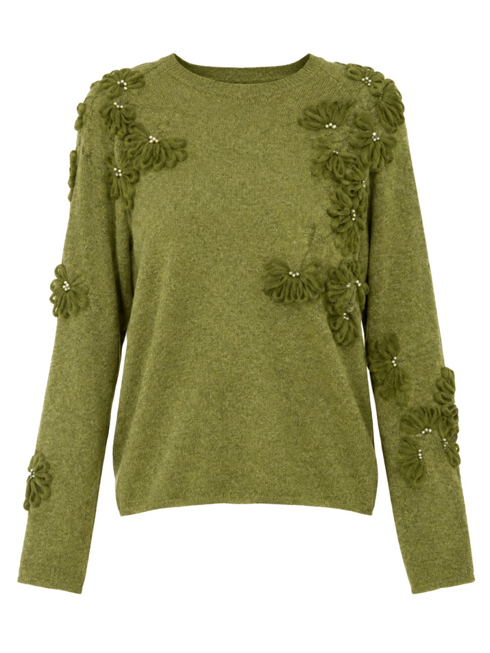 JESSIE LIU Cashmere Blend Raglan Sleeve Pullover with Appliqué in Moss Green Product Shot 