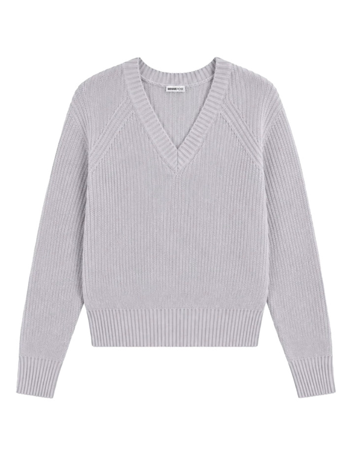 MINNIE ROSE Cotton Shaker Stitch V-Neck in Foxy Silver Product Shot 