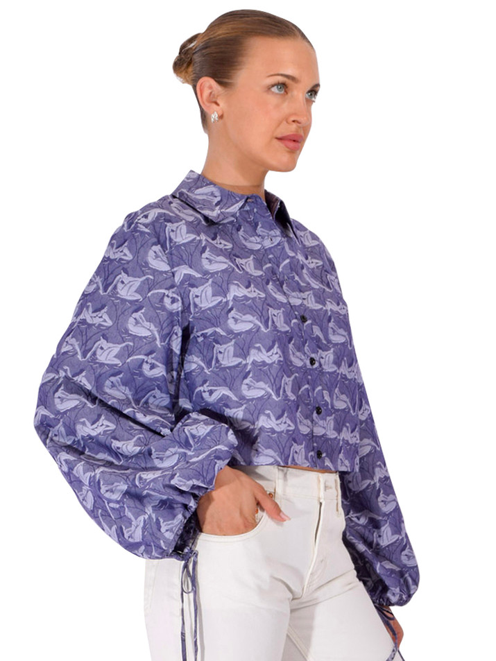FLEUR DU MAL Gio Jacquard Crop Shirt in Navy Fleur Muse Side View