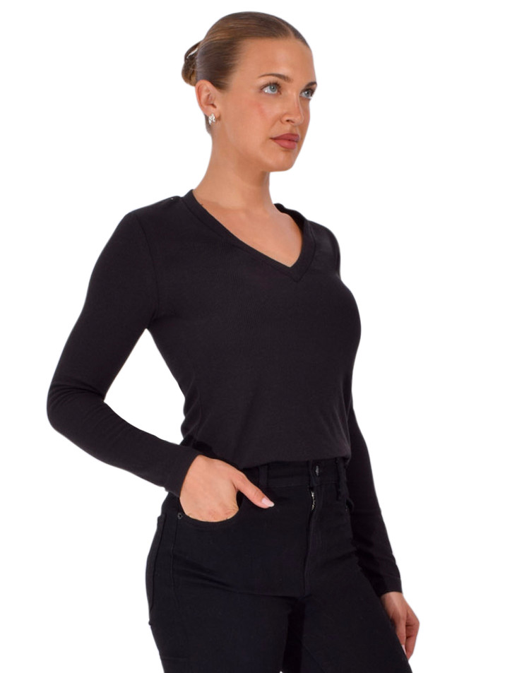 DREW Kerry V-Neck Long Sleeve Tee in Black Side View 