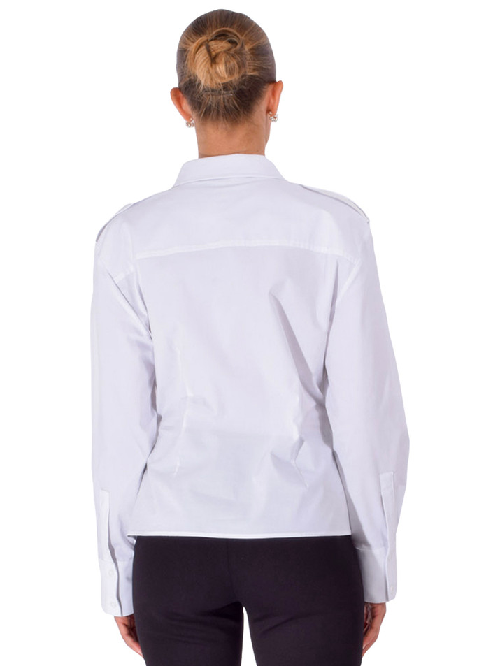 THEO Nemesis Cinched Epaulet Shirt in White Back View 
