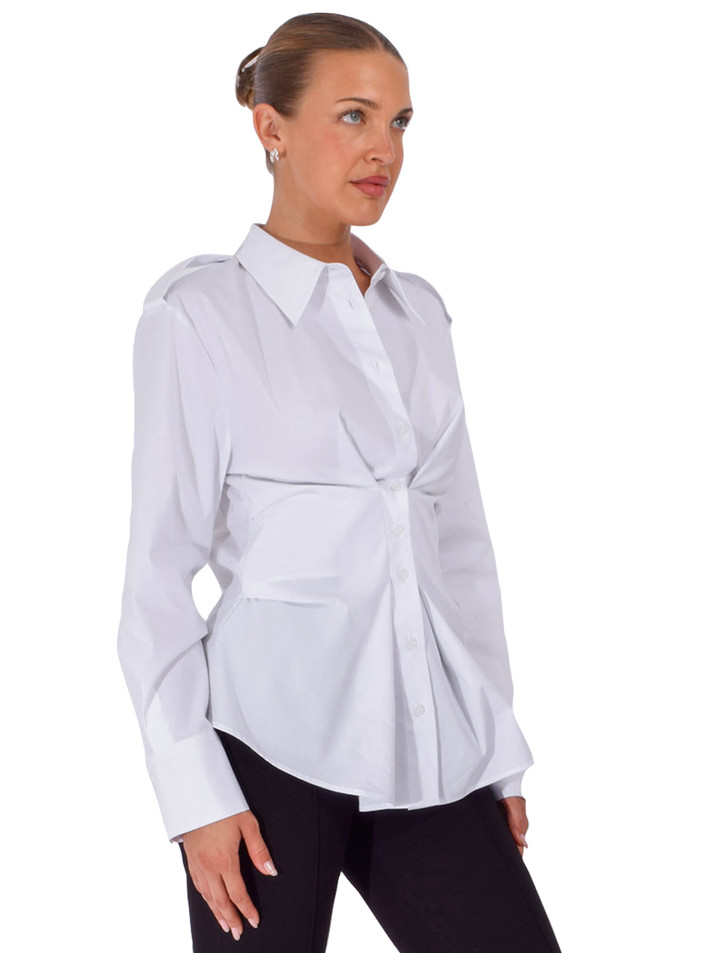 THEO Nemesis Cinched Epaulet Shirt in White Side View 