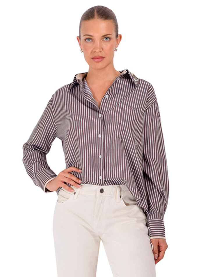 THEO Echo Crystal Collar Shirt in Huckleberry Stripe Front View 