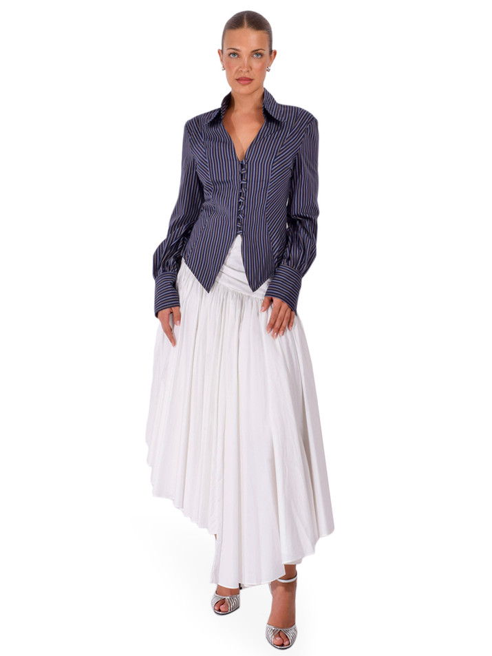 BY LOUIS INC. Sexy V-Neck Shirt in Blue Stripe Multi Full Outfit 