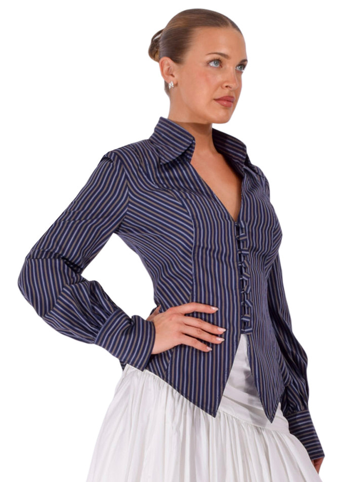 BY LOUIS INC. Sexy V-Neck Shirt in Blue Stripe Multi Side View 