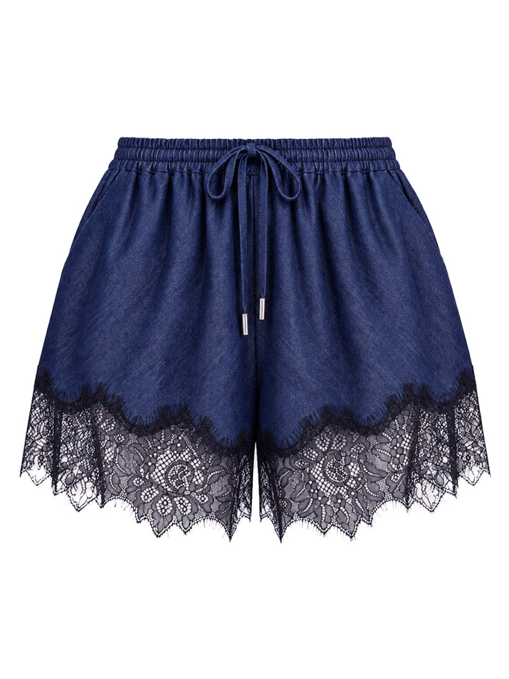 CINQ À SEPT Drapey Verne Lace Trim Shorts in Black/ Denim Product Shot 