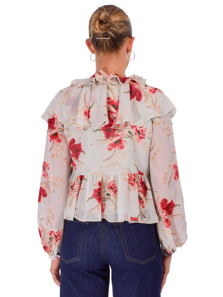 CINQ À SEPT Aurore Ruffled Top in Wilted Poppy Back View 