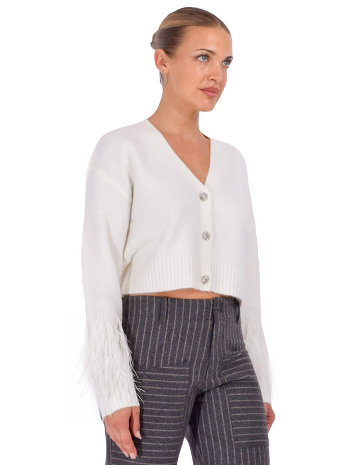CINQ À SEPT Briana Feather Cardigan in Ivory Side View 
