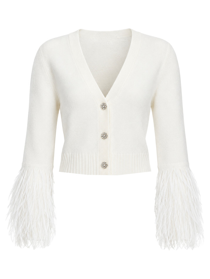 CINQ À SEPT Briana Feather Cardigan in Ivory Product Shot 
