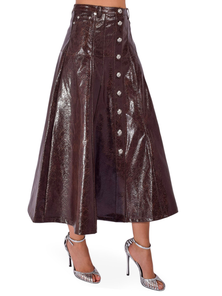 CINQ À SEPT Tumbled Vegan Leather Veena Skirt in Ground Coffee Side View 

