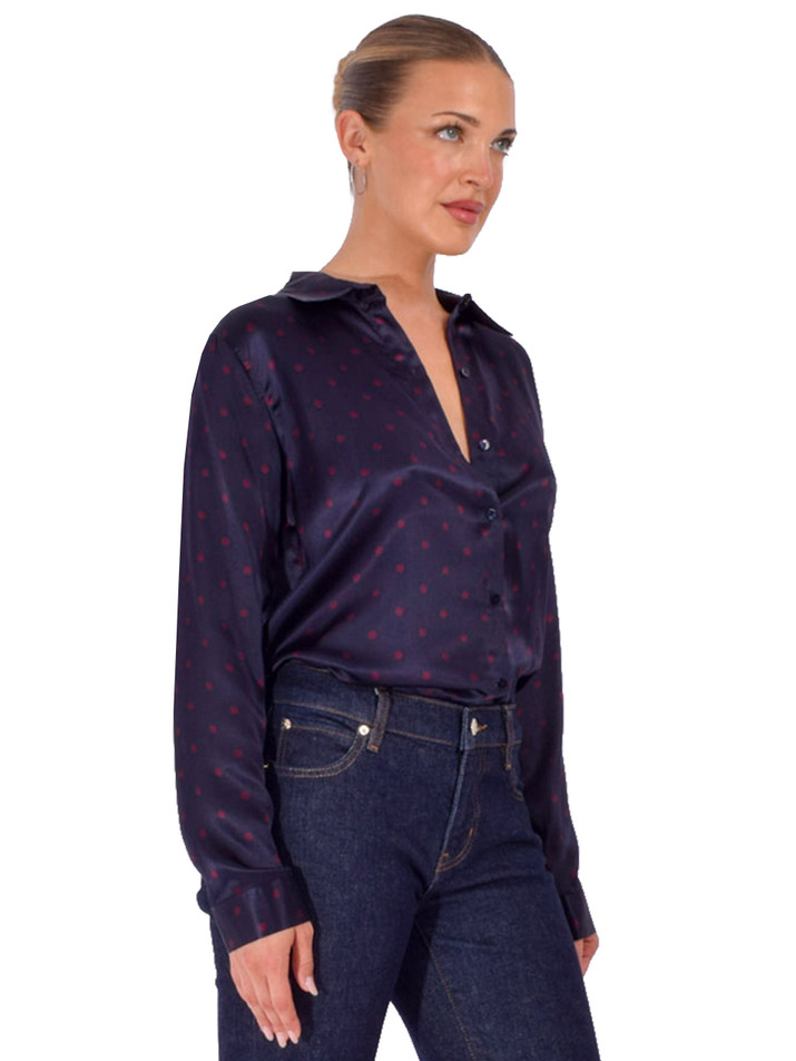 L'AGENCE Tyler Silk Blouse in Midnight Polka Dot Blouse Side View 