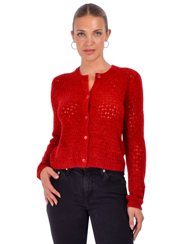 FRAME Chenille Cardigan in Lipstick Red Front View 