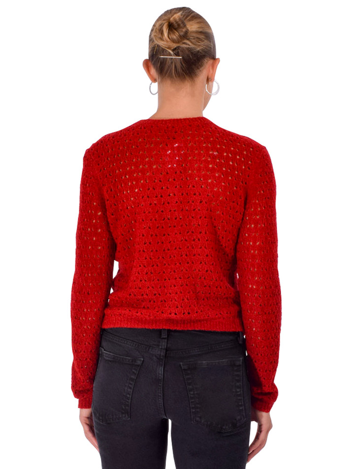FRAME Chenille Cardigan in Lipstick Red Back View 
