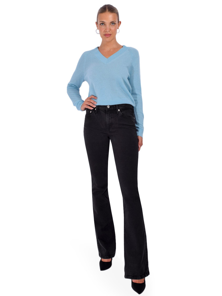 MINNIE ROSE Cashmere Long Sleeve Shrunken V Neck in Nordic Sky Full Outfit 