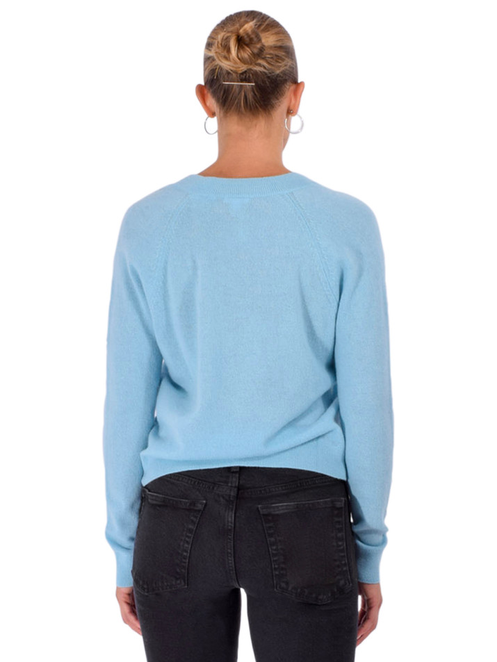MINNIE ROSE Cashmere Long Sleeve Shrunken V Neck in Nordic Sky Back View 