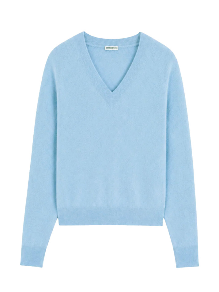 MINNIE ROSE Cashmere Long Sleeve Shrunken V Neck in Nordic Sky Product Shot 
