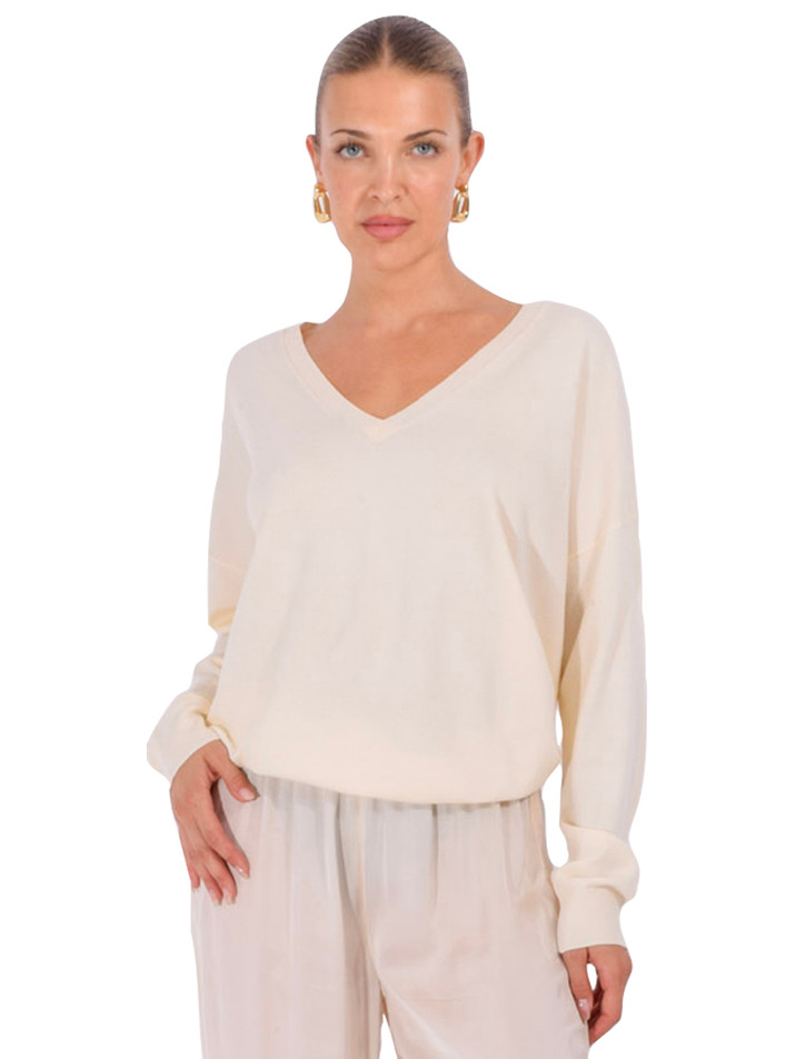 OTTOD'AME Oversized V-Neck Sweater In Ivory Front View 