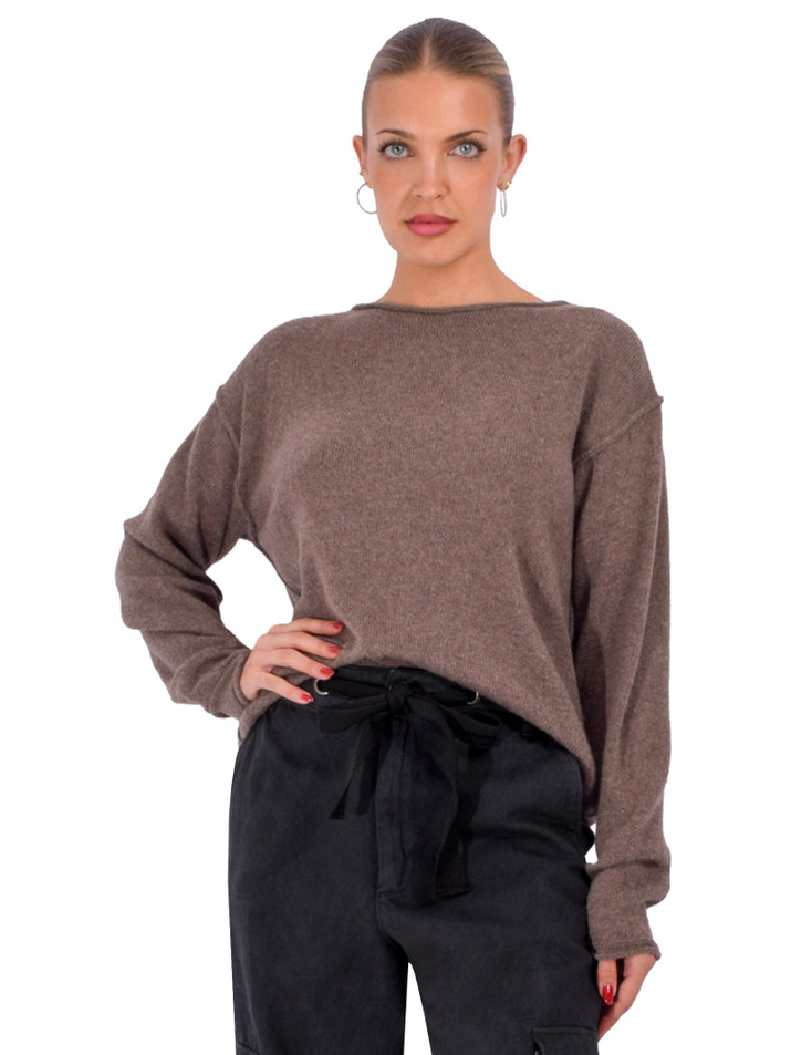 C.T. PLAGE Rolled Boat Neck Sweater in Gray Brown Front View 