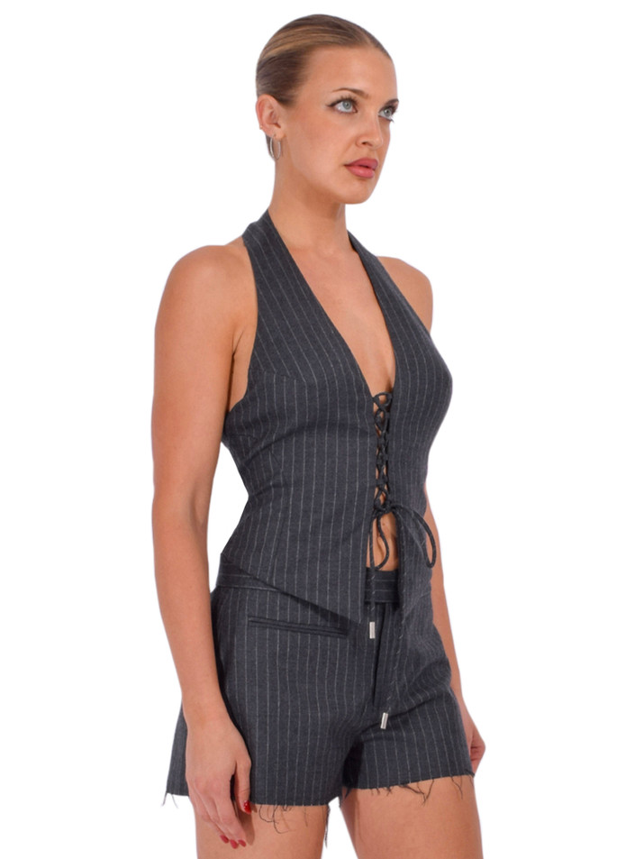 RE/DONE Quatro Top in Gray Pinstripe Side View 