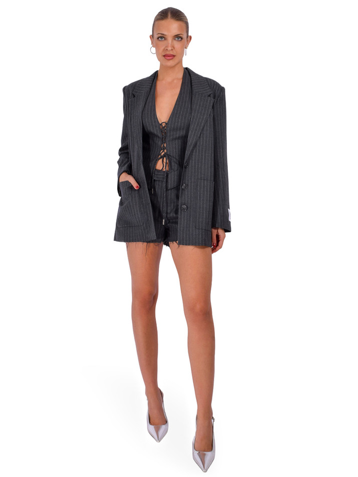 RE/DONE Didion Blazer in Gray Pinstripe Full Outfit 