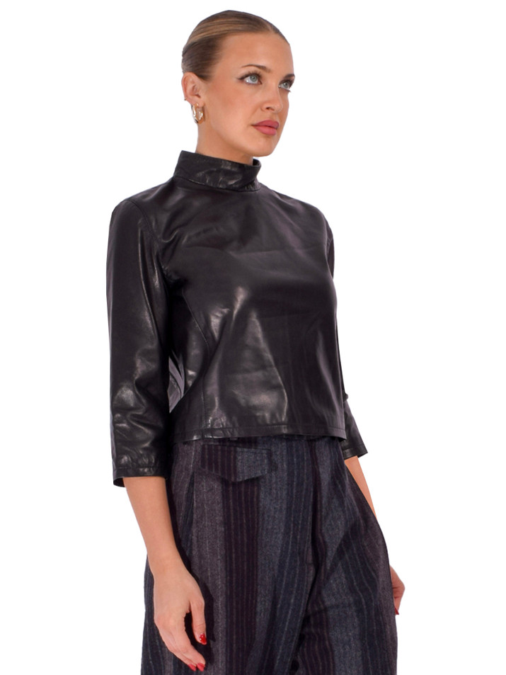 RE/DONE Sloan Leather Mockneck Top in Black Side View 