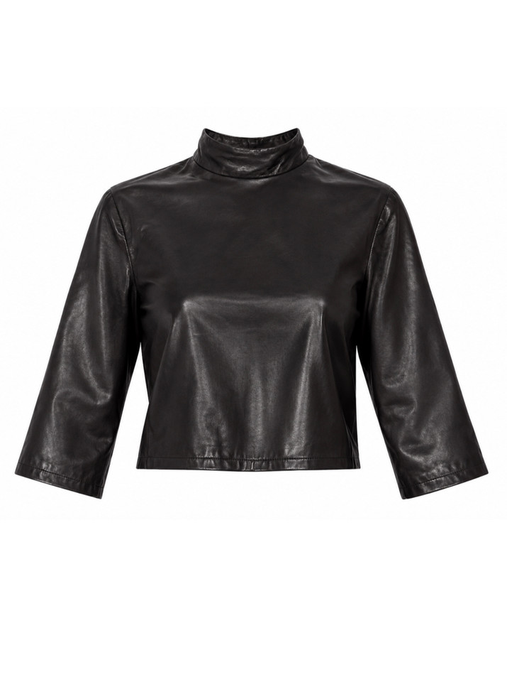 RE/DONE Sloan Leather Mockneck Top in Black Product Shot 
