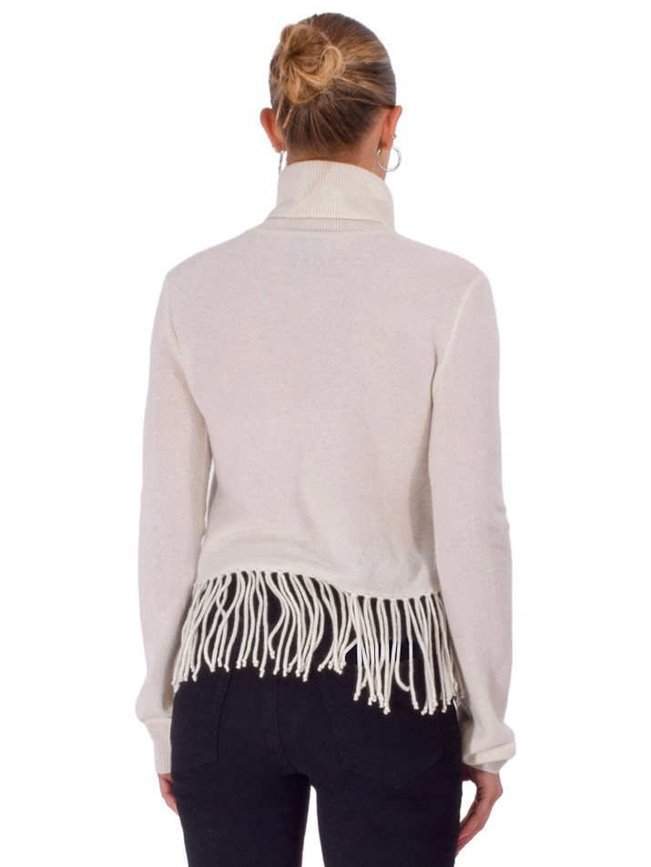 LE SUPERBE Fringey Cashmere Sweater in White Back View 

