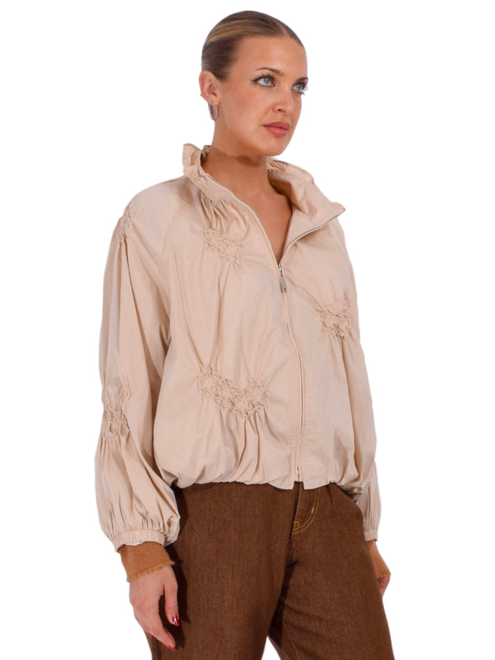JESSIE LIU Zip Front Jumper Jacket with Drawstring on the Neck in Sand Side View 