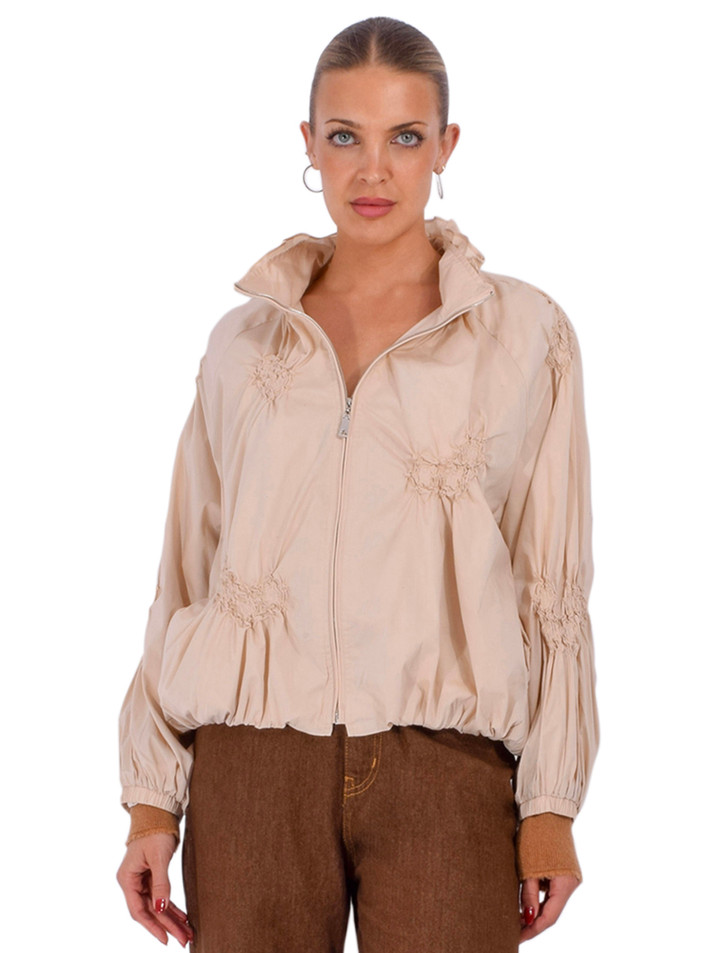 JESSIE LIU Zip Front Jumper Jacket with Drawstring on the Neck in Sand Front View 